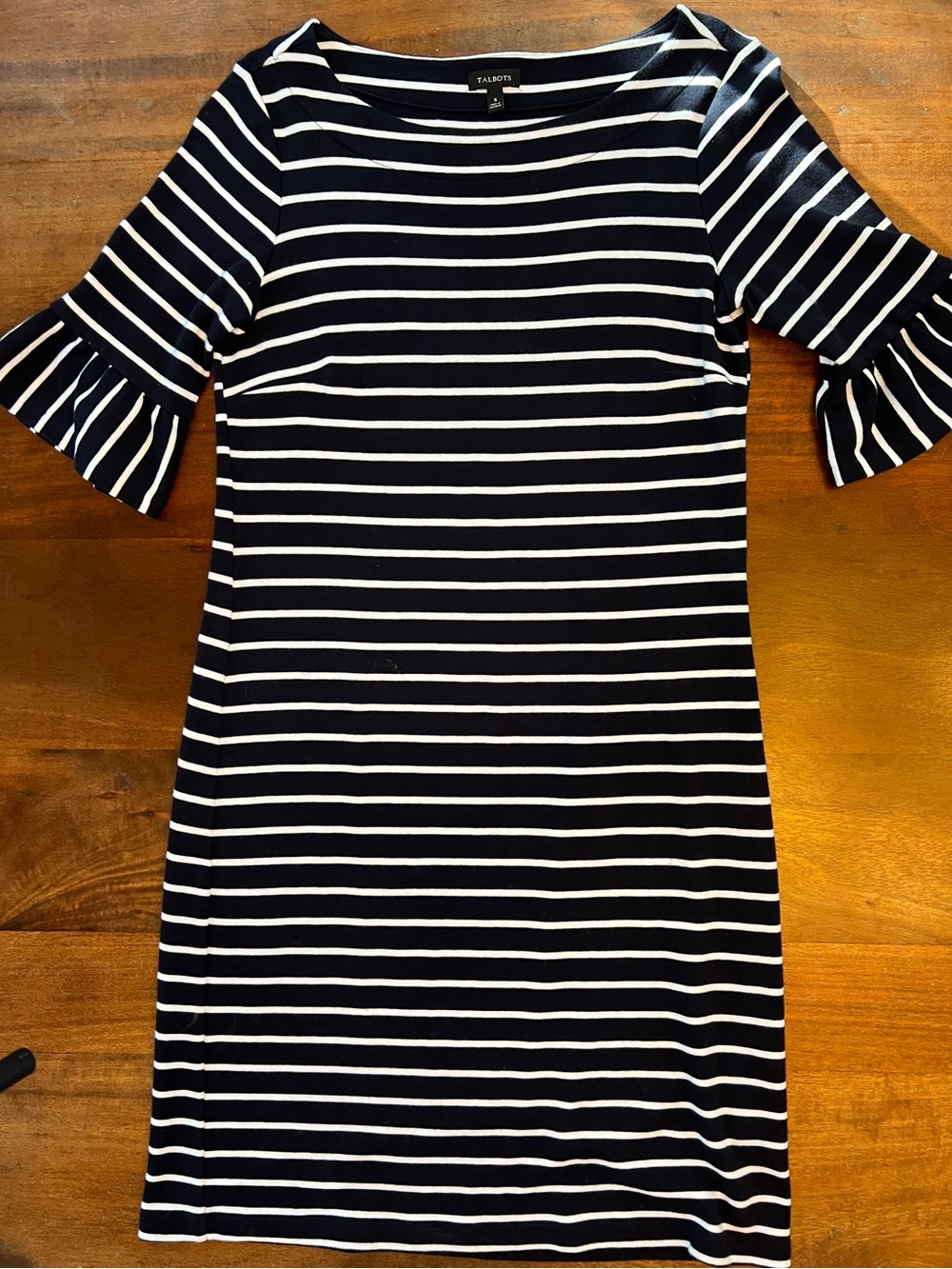 Talbots Navy and White Striped 3/4 Sleeve 100% Cotton Dress Sz S